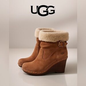 UGG Carnegie Leather Shearling Cuff Studded Wedge Boots Brown Womens Size 10M